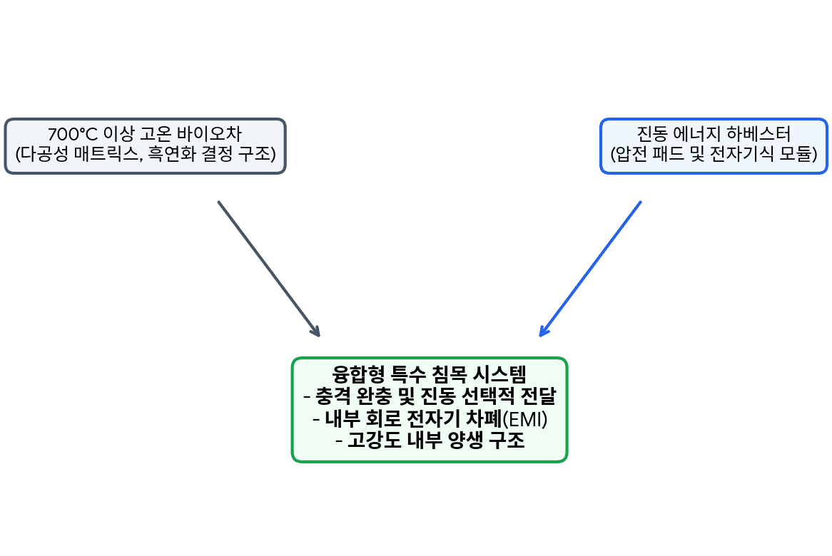 【도 1】 고온 바이오차 · 이종 하베스팅 장치 융합 메커니즘 계통도