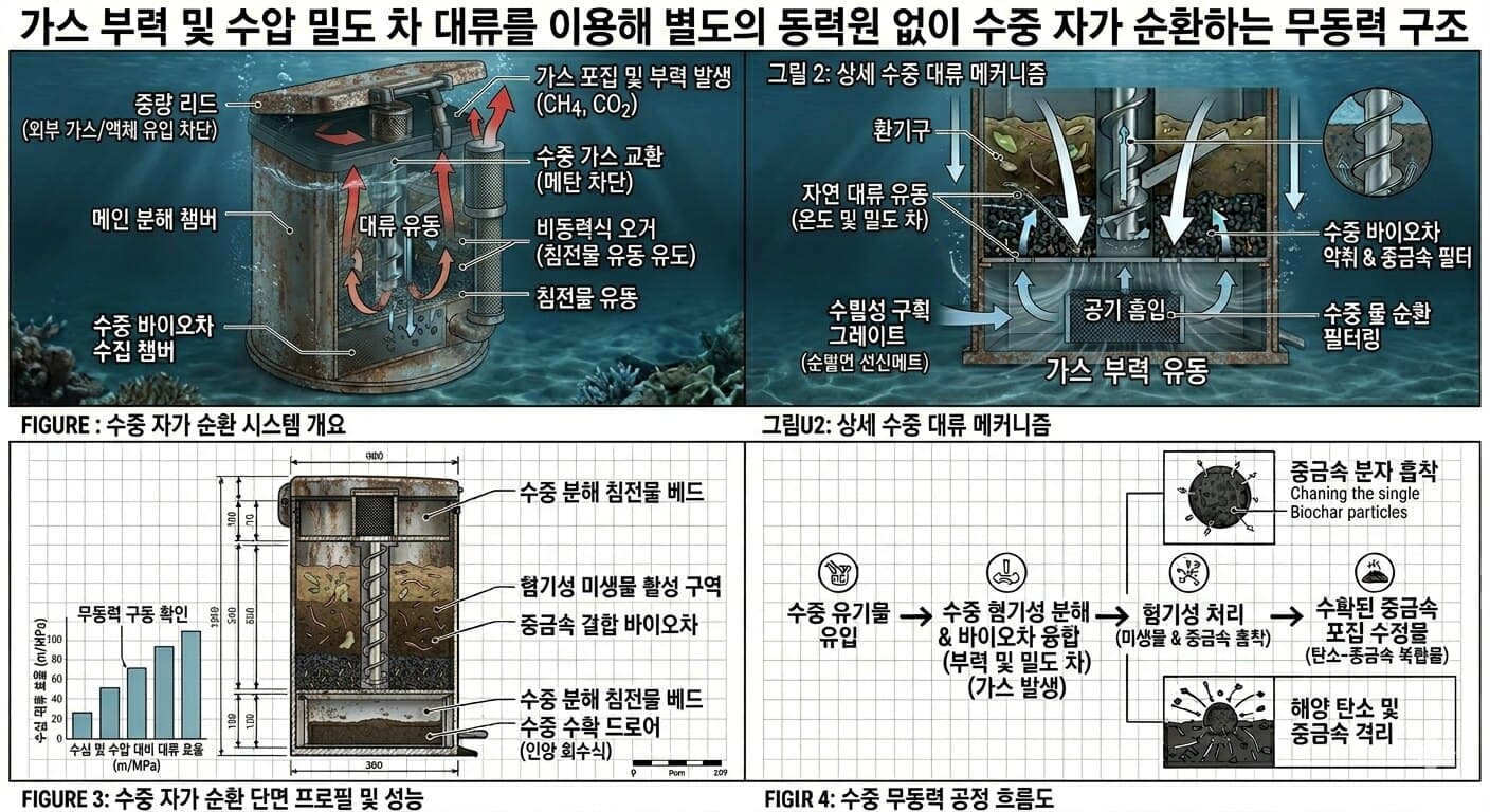 【도 1】 수중 무동력 자가 순환 시스템 구조·메커니즘·공정 흐름도